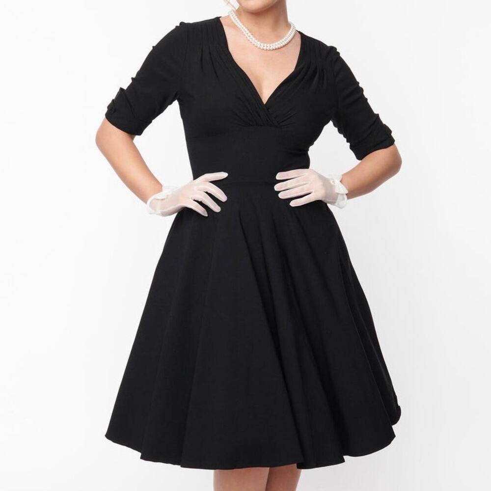 Unique Vintage Black Delores Swing Dress with Sleeves Fit Flare  - Sz Medium